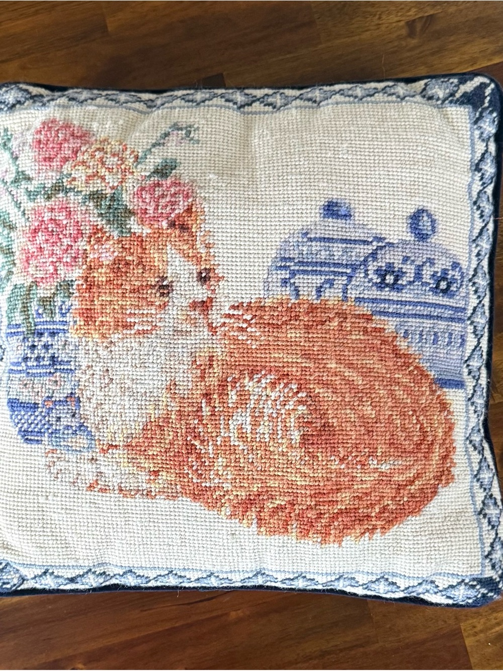 VTG Handmade Needlepoint Ginger Cat Throw Pillow 13”x12”